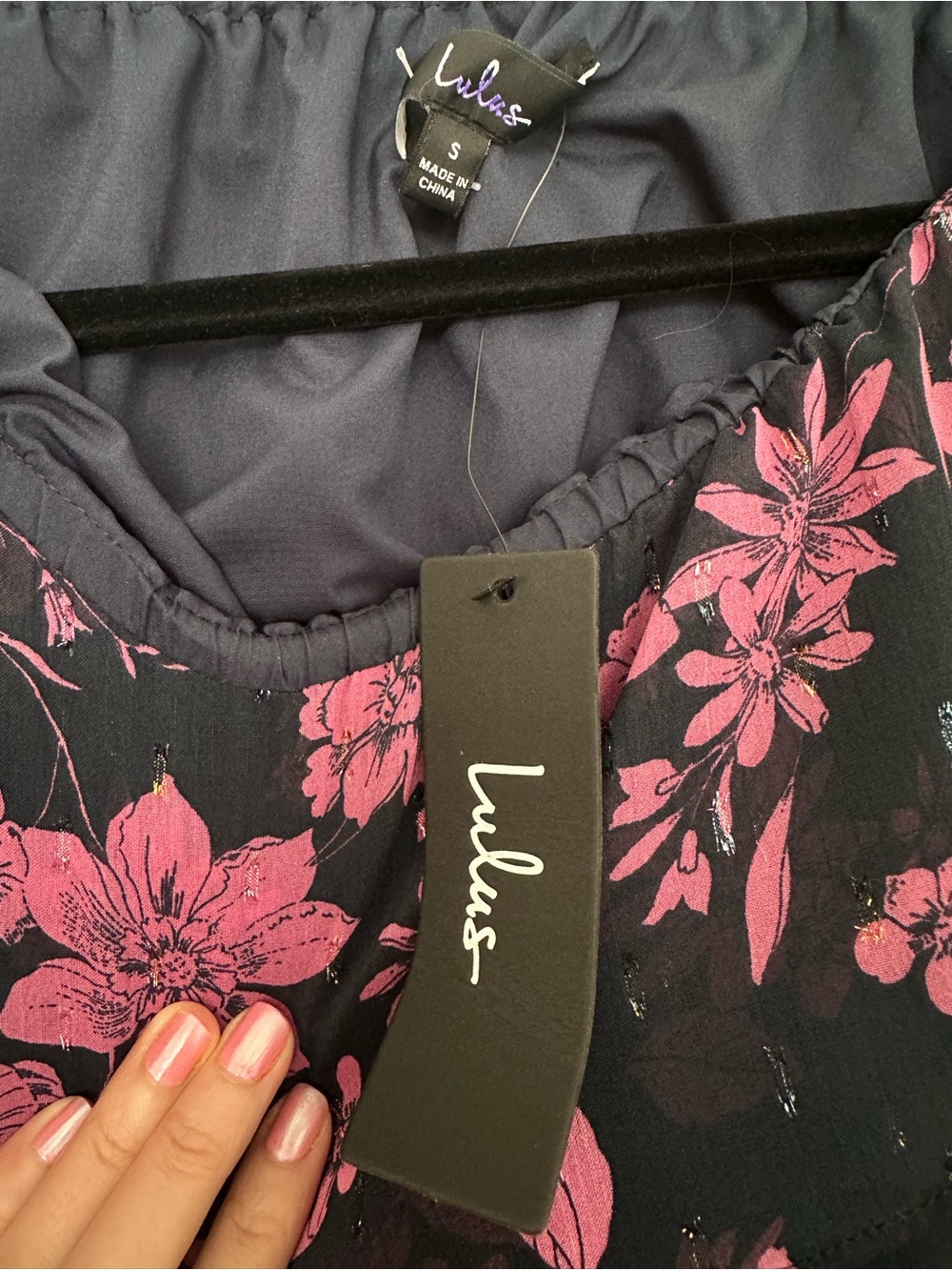 Lulu's Off the Shoulder Maxi Dress in Navy Blue with Pink Floral Print - Picture 4 of 7